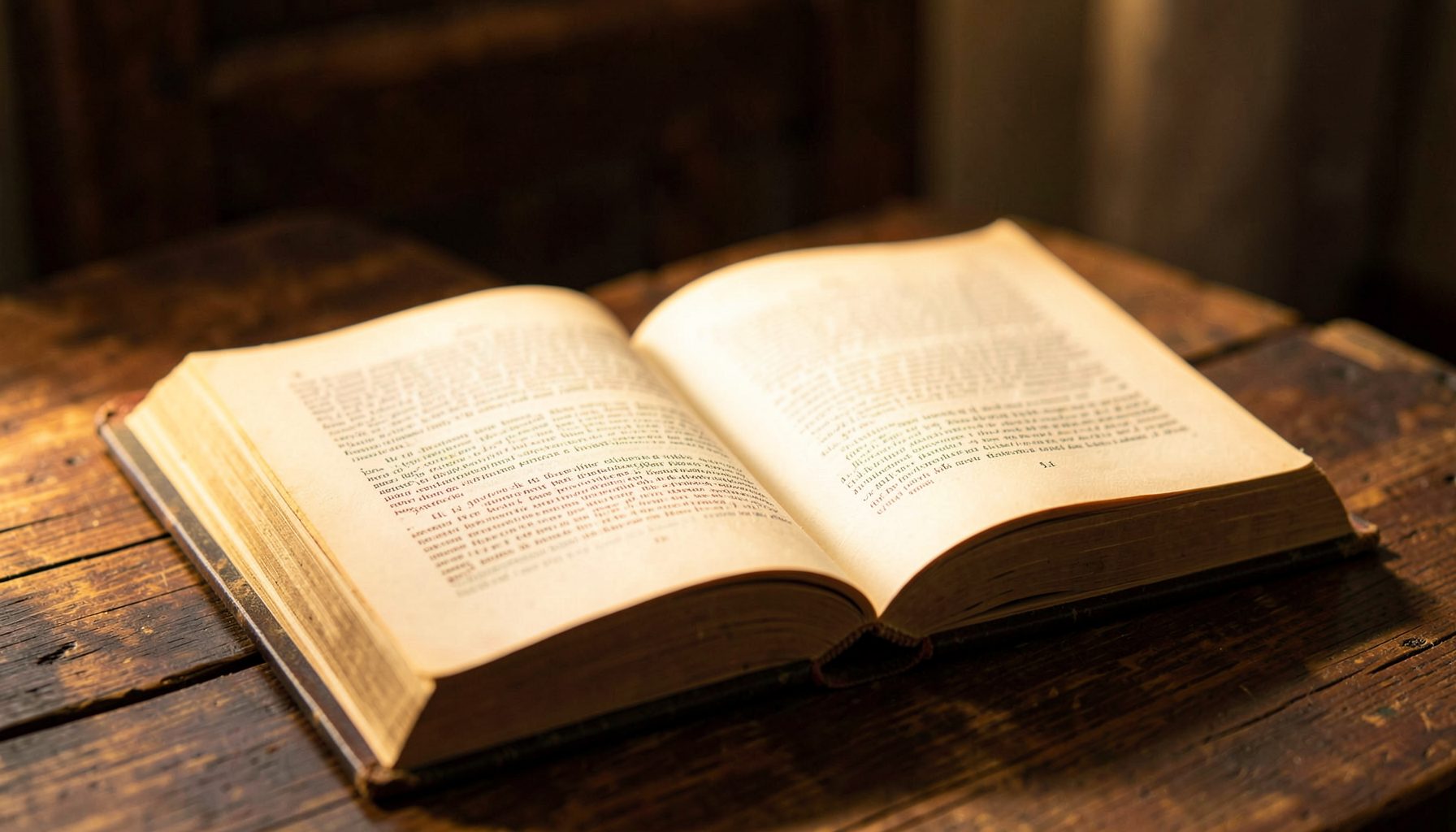Cuốn sách cổ mở ra trên bàn gỗ với ánh sáng vàng ấm áp, không khí tri thức và chiêm nghiệm