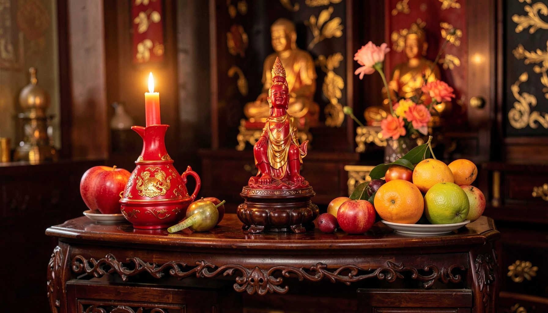 Bàn thờ thần tài với nến đỏ và hoa quả tươi, ánh sáng ấm áp – không khí trang nghiêm cầu tài lộc