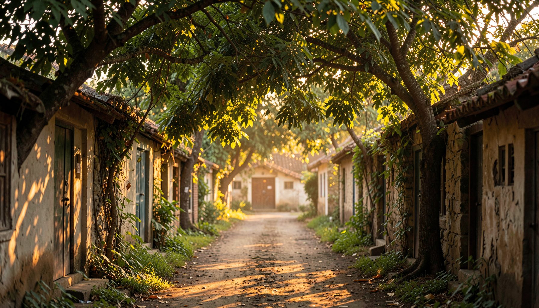 A shaded dirt pathway between old stone and plaster cottages with tile roofs, overhung by leafy tree branches, warm dappled light